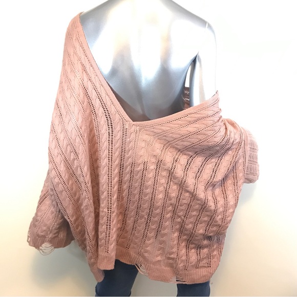 POL Women's Large Oversized Sweater Double V Neck Boxy Distressed Detail Pink - Picture 4 of 13